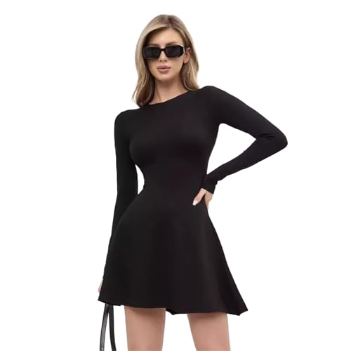 Hanaoops Strickkleid Damen Langarm Rundhals Freizeitkleid Knielang Kurzes Kleid Bodycon Tunika Kleid Einfarbig Pulloverkleid für Herbst und Winter von Hanaoops