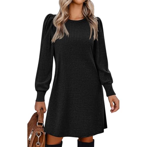 Hanaoops Strickkleid Damen Pulloverkleid Langarm Rundkragen Laternenärmel Minikleid Casual Einfarbige mit Taschen Elastizität A Linie Kleid Sweater Kleider für Herbst Winter Party Cocktail von Hanaoops