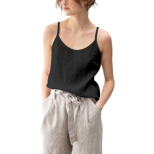 Hanaoops Tank Top Damen Sommer Ärmellos Oberteile Spaghetti Tops V-Ausschnitt Tanktops Trendy Läsiges Lockere Tunika Camilose Top Einfarbige Basic Cami Baumwolle Leinen Tank Tops von Hanaoops