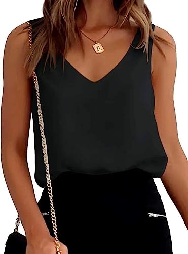 Hanaoops Tank Top Damen Sommer Satin Basic Camisole V-Ausschnitt Ärmelloses Weste Top Shirt Lässiges Bluse Shirt Black/M von Hanaoops