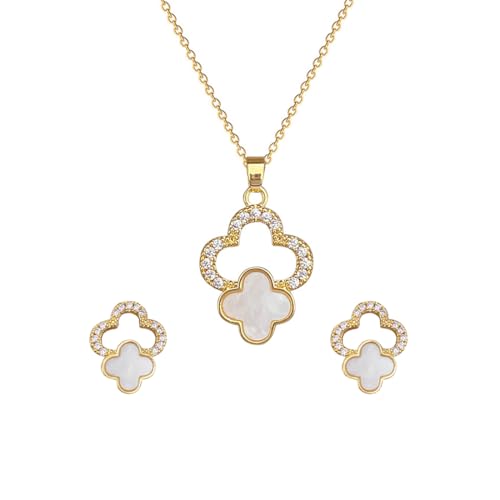 Hanaoops Vierblättriges Kleeblatt Schmuckset für Damen 18K Vergoldet Edelstahl Glücksklee Anhänger Halskette und Ohrringe Set Frauen Hypoallergenes Plattiert Zirkonia Schmuck Sets Geschenke von Hanaoops