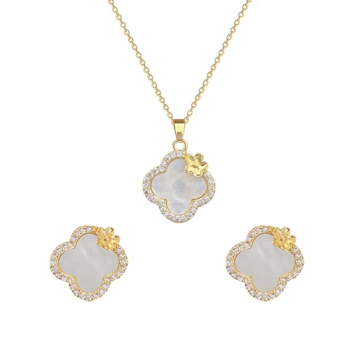 Hanaoops Vierblättriges Kleeblatt Schmuckset für Damen 18K Vergoldet Edelstahl Glücksklee Anhänger Halskette und Ohrringe Set Frauen Hypoallergenes Plattiert Zirkonia Schmuck Sets Geschenke von Hanaoops