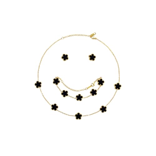 Hanaoops Vierblättriges Kleeblatt Schmuckset für Damen und Mädchen 18 Karat Vergoldet Edelstahl Zweiseitig Anhänger Halskette Ohrstecker Armband Hypoallergenes Glücksklee Emaille-Schmuck Set (Black) von Hanaoops
