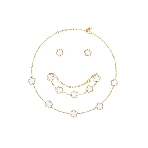 Hanaoops Vierblättriges Kleeblatt Schmuckset für Damen und Mädchen 18 Karat Vergoldet Edelstahl Zweiseitig Anhänger Halskette Ohrstecker Armband Hypoallergenes Glücksklee Emaille-Schmuck Set (White) von Hanaoops