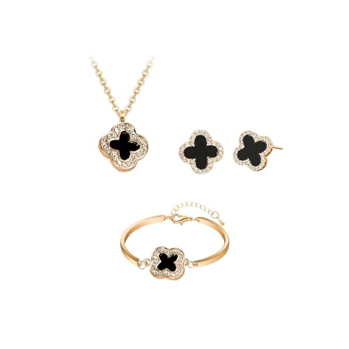 Hanaoops Vierblättriges Kleeblatt Schmuckset für Damen und Mädchen 18K Vergoldet Edelstahl Schwarz Glücksklee Strass Anhänger Halskette Ohrringe Armband Schmuck Set Hypoallergen Zierliche Geschenke von Hanaoops