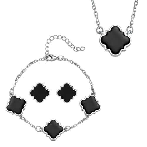 Hanaoops Vierblättriges Kleeblatt Schmuckset für Damen und Mädchen Edelstahl Schwarz Glücksklee Anhänger Halskette Ohrstecker Armband Set Hypoallergen Zierliche Schmuck Set Geschenke (Schwarz) von Hanaoops