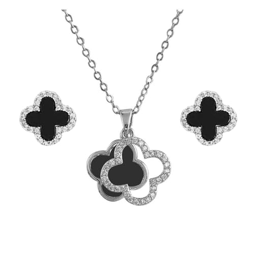 Hanaoops Vierblättriges Kleeblatt Schmuckset für Damen und Mädchen Titan Edelstahl Schwarz Glücksklee Anhänger Halskette und Ohrringe Set Hypoallergen Zierliche Schmuck Set Geschenke (Silber) von Hanaoops