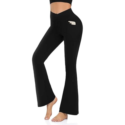 Hanaoops Yogahosen Damen Hohe Taille Crossover Bootcut Schlaghose mit Taschen Sweathose Fitnesshose Lounge Bell Bottom Jazz Black/L von Hanaoops