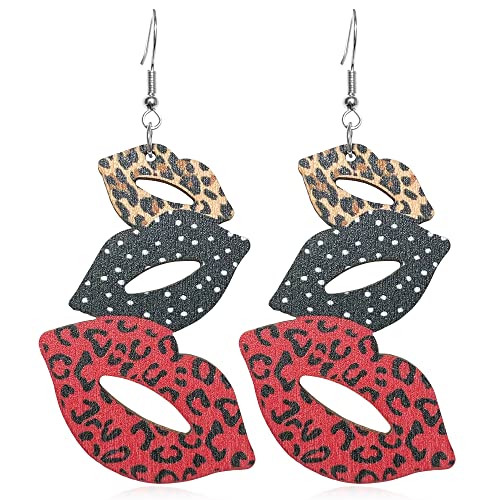 Hanavigar Einzigartige böhmische 80er Jahre Vintage Holz Leopard rote Lippe baumeln Tropfen Ohrringe lustig zierlich leicht Boho Natur Holz Lippen Ohrring für Frauen Statement Schmuck Geschenke, Holz von Hanavigar