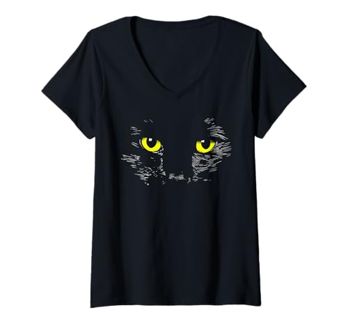 Damen Schwarze Katze, gelbe Augen, Kätzchengesicht T-Shirt mit V-Ausschnitt Damen Schwarze Katze, gelbe Augen, Kätzchengesicht T-Shirt mit V-Ausschnitt von Hand Drawn Cat Illustration