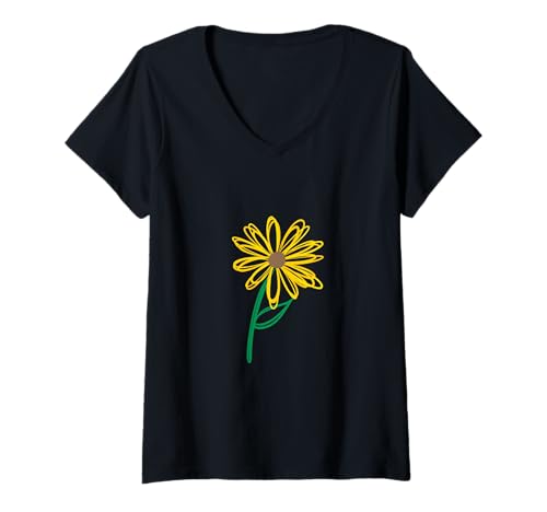 Damen Schicke Sonnenblume für den Sommer, minimalistische Sommerblume T-Shirt mit V-Ausschnitt Damen Schicke Sonnenblume für den Sommer, minimalistische Sommerblume T-Shirt mit V-Ausschnitt von Hand Drawn Digital Art