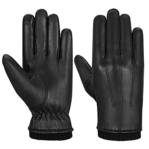 Hand Fellow Herren Mode Fahren Schwarz Leder Handschuhe Wolle Kaschmir Futter Fleece Touchscreen Kompatibel Outdoor Leder Fahren Handschuhe Winter Warm Leder Handschuh HF-RM1 (M) von Hand Fellow