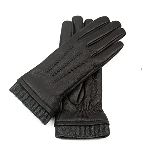 Hand Gewand by Weikert Exklusive Hirschleder Damen Lederhandschuhe mit Kaschmir-Fütterung, lang geschnitten mit Strickstulpe, Sportlicher Look, Hirschlederhandschuhe von Hand Gewand by Weikert