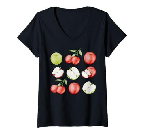 Damen Aquarell Äpfel Frische Obst Kunst Vintage Natur T-Shirt mit V-Ausschnitt Damen Aquarell Äpfel Frische Obst Kunst Vintage Natur T-Shirt mit V-Ausschnitt von Hand-Painted Organic Fruit Nature Lovers Apparel