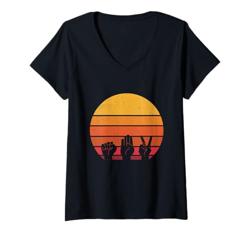Damen Rock Papier Schere Retro Hand Spiel Sonnenuntergang Hand Spiele T-Shirt mit V-Ausschnitt Damen Rock Papier Schere Retro Hand Spiel Sonnenuntergang Hand Spiele T-Shirt mit V-Ausschnitt von Hand Symbols Gestures Quick Game
