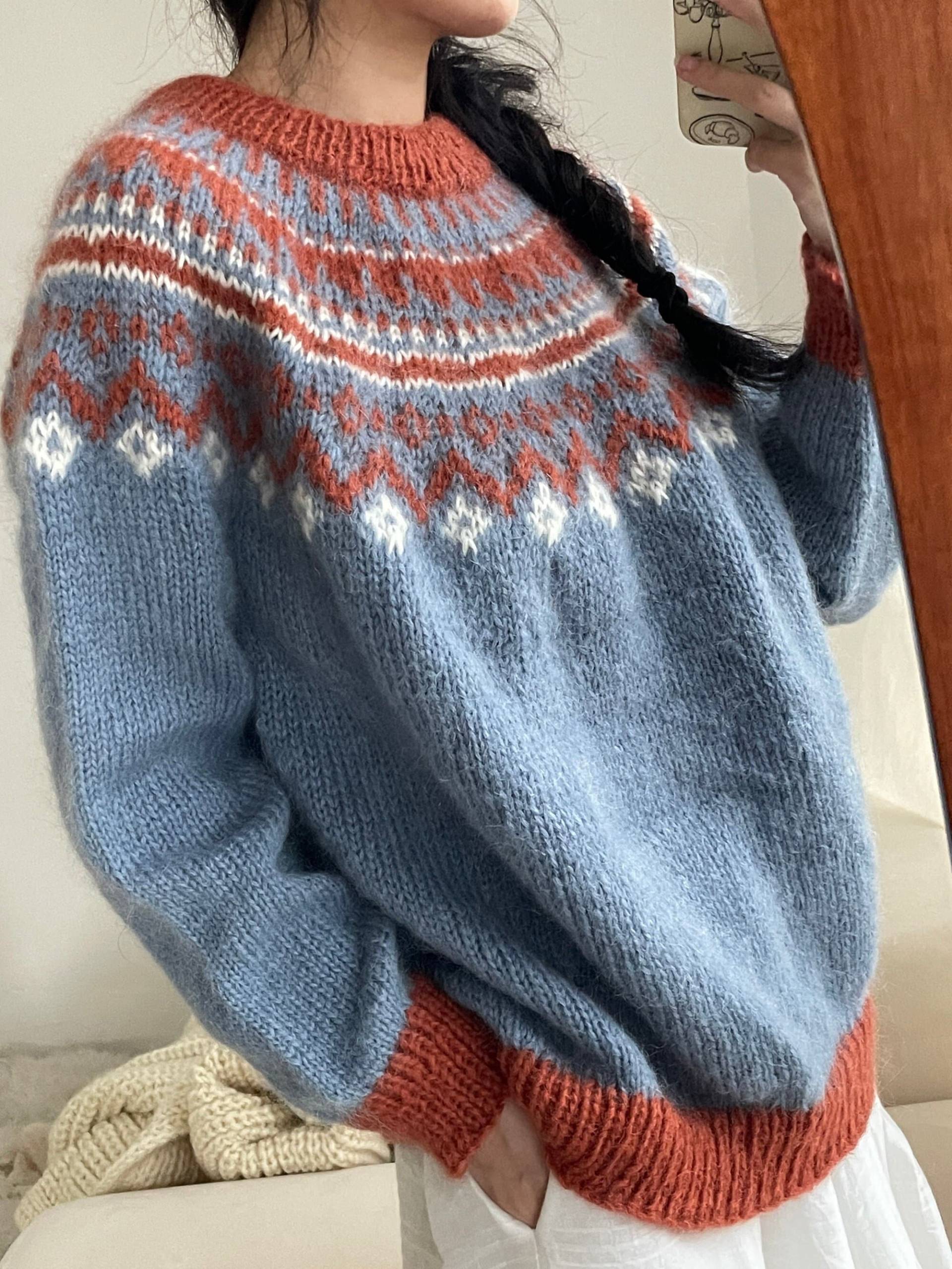 2025 Frühlingsmodetrends Fair Isle Jacquard Half Cardigan Blauer Pullover 55 Mohair 28 Wolle 17 Polyester Handgefertigte von HandKnittingSweater