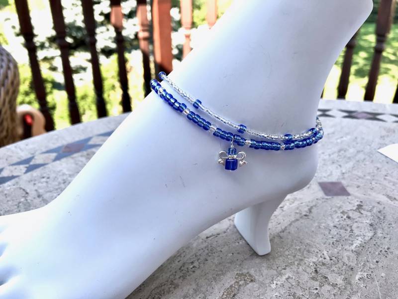 Blau Seed Bead Fußkettchen Silber Bogen Charm Doppelstrang Fußkettchen von HandMadeBySunshine