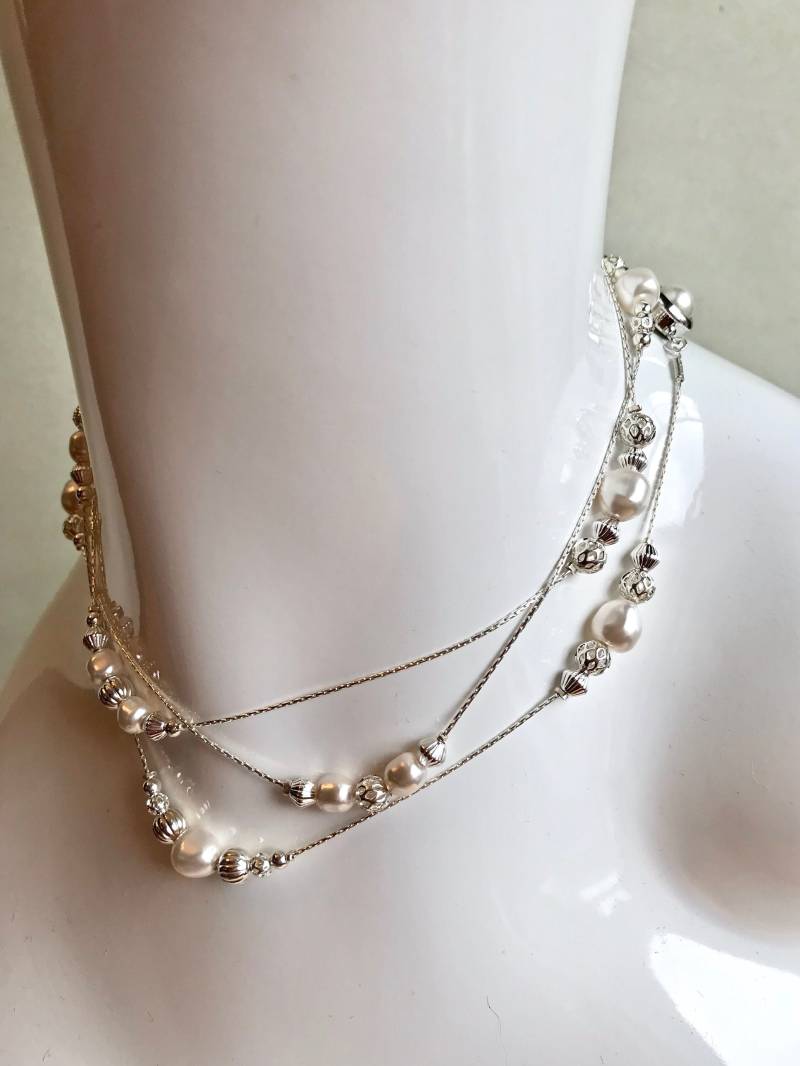 Swarovski White Pearl Station Halskette Sterling Silber Perlenkette, 45 Zoll von HandMadeBySunshine