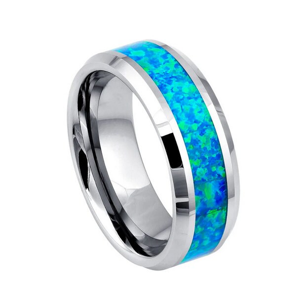 Personalisierter Gravur 8mm Oder 6mm Hartmetall Blau Opal Center Umrandung Ehering Verlobungsring Für Männer Damen von HandMadeCraftsLA