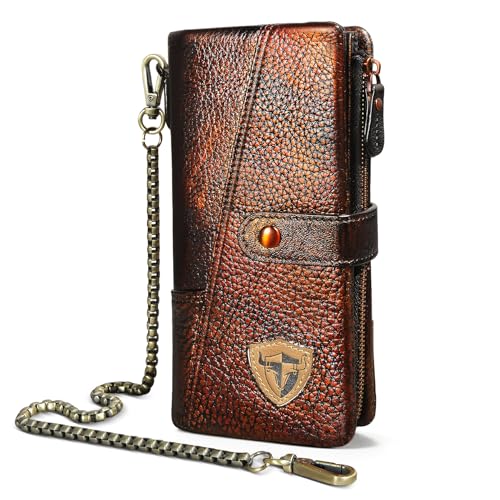 Handadsume Echtleder Crazy Horse Leder Reisen Geschenk Münztasche Kartenetui Lang Organizer Brieftasche Kette RFID Geldbörse mit Snap für Männer männlich 1803 (1803 Orange) von Handadsume