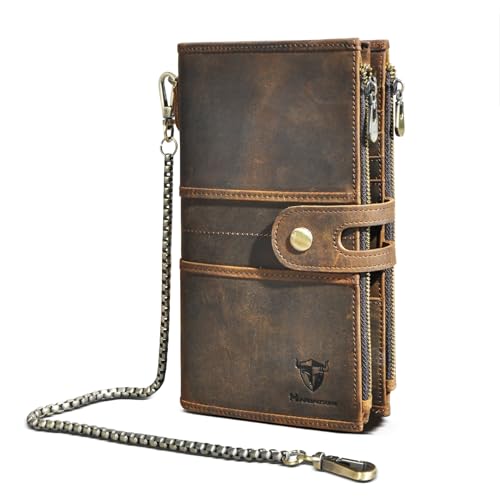 Handadsume Echtleder Crazy Horse Leder Reisen Geschenk Münztasche Kartenetui Lang Organizer Brieftasche Kette RFID Geldbörse mit Snap für Männer männlich 1803 (1815 Braun) von Handadsume