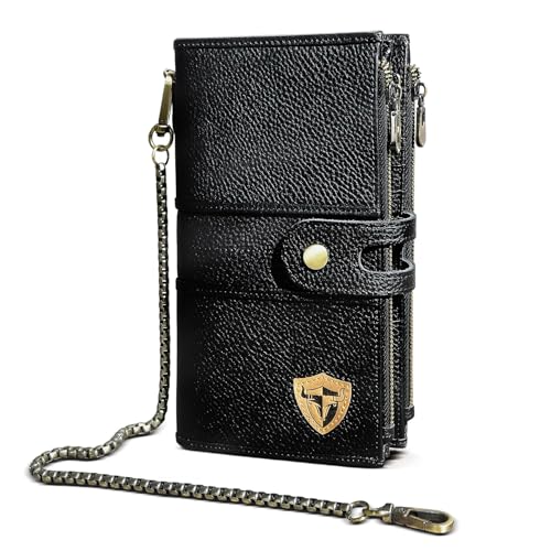 Handadsume Echtleder Crazy Horse Leder Reisen Geschenk Münztasche Kartenetui Lang Organizer Brieftasche Kette RFID Geldbörse mit Snap für Männer männlich 1803 (1815 Schwarz) von Handadsume