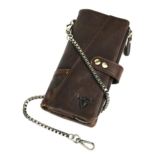 Handadsume Echtleder Crazy Horse Leder Reisen Geschenk Münztasche Kartenetui Lang Organizer Brieftasche Kette RFID Geldbörse mit Snap für Männer männlich 1803 (1803 Grün) von Handadsume