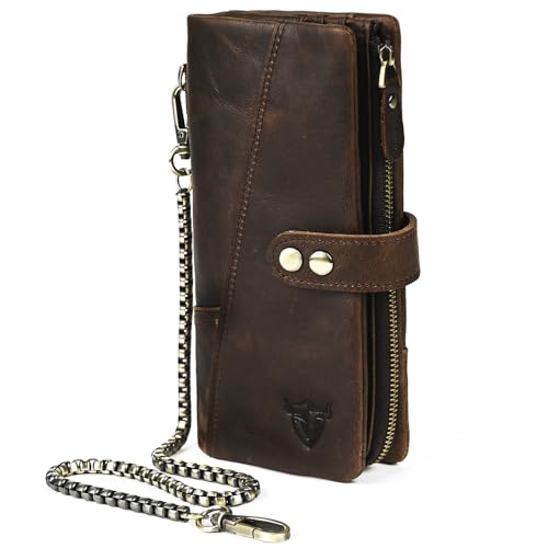 Handadsume Echtleder Crazy Horse Leder Reisen Geschenk Münztasche Kartenetui Lang Organizer Brieftasche Kette RFID Geldbörse mit Snap für Männer männlich 1803 (1803 Kaffee) von Handadsume