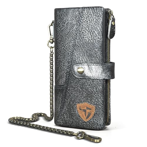 Handadsume Echtleder Crazy Horse Leder Reisen Geschenk Münztasche Kartenetui Lang Organizer Brieftasche Kette Rfid Geldbörse mit Snap für Männer männlich 1803 (1803 Silber) von Handadsume