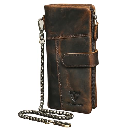 Handadsume Echtleder Crazy Horse Leder Reisen Geschenk Münztasche Kartenetui Lang Organizer Brieftasche Kette RFID Geldbörse mit Snap für Männer männlich 1803 (1803B Braun) von Handadsume