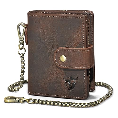 Handadsume Echtleder Crazy Horse Leder Reisen Geschenk Münztasche Kartenetui Lang Organizer Brieftasche Kette RFID Geldbörse mit Snap für Männer männlich 1803 (1804 Braun) von Handadsume