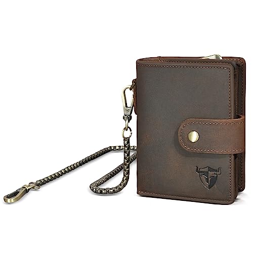 Handadsume Echtleder Crazy Horse Leder Reisen Geschenk Münztasche Kartenetui Lang Organizer Brieftasche Kette RFID Geldbörse mit Snap für Männer männlich 1803 (1804 Braun) von Handadsume