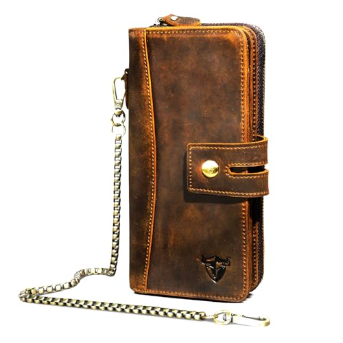 Handadsume Echtleder Crazy Horse Leder Reisen Geschenk Münztasche Kartenetui Lang Organizer Brieftasche Kette RFID Geldbörse mit Snap für Männer männlich 1803 (1814 Braun) von Handadsume