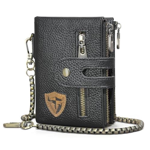 Handadsume Echtleder Crazy Horse Leder Reisen Geschenk Münztasche Kartenetui Lang Organizer Brieftasche Kette RFID Geldbörse mit Snap für Männer männlich 1803 (W 1801 Schwarz) von Handadsume