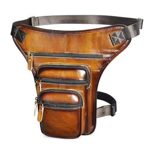 Handadsume FB913-5 Bauchtasche für Motorräder, Reisen, wasserabweisend, Segeltuch und Leder, für Damen und Herren, 100 % echtes Leder - X3111 Brown 2, Medium, Vintage Retro Stylish Street Free Style von Handadsume