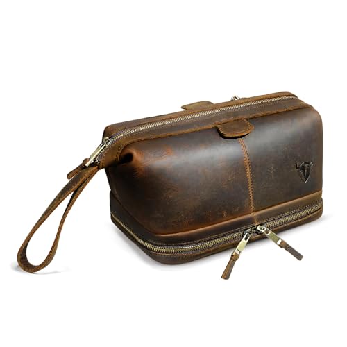 Handadsume Retro Echte Verrückte Pferd Leder Handgemachte Reise Waschraum Toilettentasche für Männer-Dopp Kit für Rasur Kit 771 (773 Braun) von Handadsume