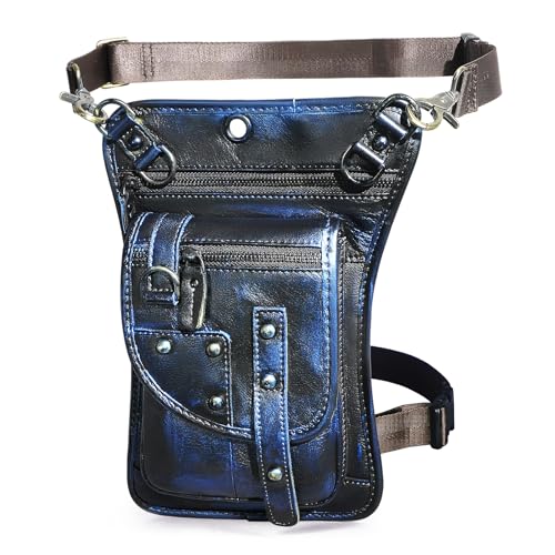 Handadsume Wasserabweisendes Segeltuch + Leder Motorrad Reise Bauchtasche Hüfttasche Drop Oberschenkel Bein Tasche Tasche Für Männer Frauen FB2141, 100 % echtes Leder, C-Blau, Medium, Vintage Retro von Handadsume