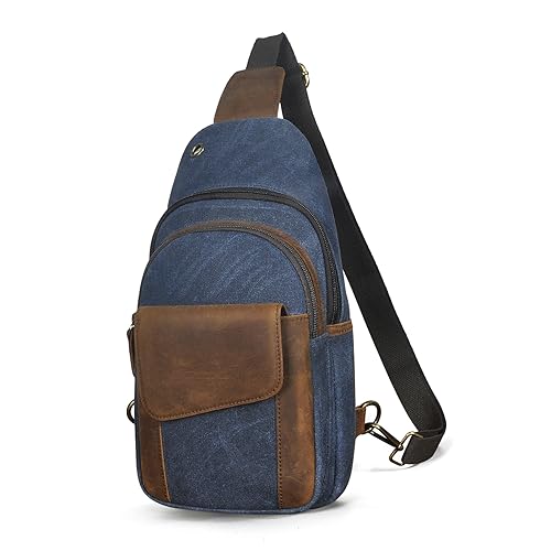 Handadsume Wasserfeste Leinwand + Leder Wandern Reisen Tagesrucksack Sling Crossbody Dreieck Brust Pack Tasche für Männer Frauen FB8013 (Dunkelblau) von Handadsume