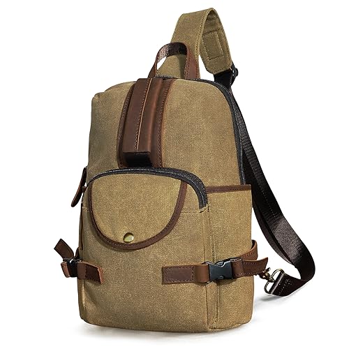 Handadsume Wasserfeste Leinwand + Leder Wandern Reisen Tagesrucksack Sling Crossbody Dreieck Brust Pack Tasche für Männer Frauen FB8013 (X-3028-Khaki) von Handadsume