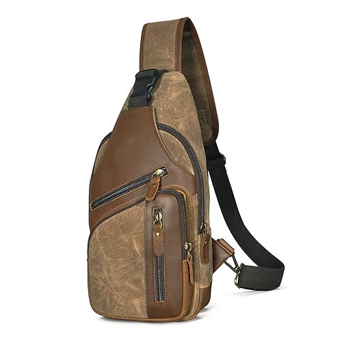 Handadsume Wasserfeste Leinwand + Leder Wandern Reisen Tagesrucksack Sling Crossbody Dreieck Brust Pack Tasche für Männer Frauen FB8013 (X-8015-Khaki) von Handadsume