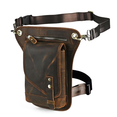 Herren Canvas + Leder Motorrad Reiten Tasche Beinbeutel Beintasche Außenbeintasche Hüfttasche Drop Leg Tasche FB211-6 (211-6 Braun) von Handadsume