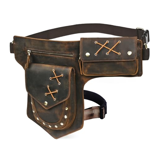 Herren Canvas + Leder Motorrad Reiten Tasche Beinbeutel Beintasche Außenbeintasche Hüfttasche Drop Leg Tasche FB211-8 (100% Echtleder-A- Braun) von Handadsume