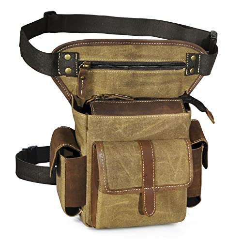 Herren Canvas + Leder Motorrad Reiten Tasche Beinbeutel Beintasche Außenbeintasche Hüfttasche Drop Leg Tasche FB913-5 (Hellbraun) von Handadsume