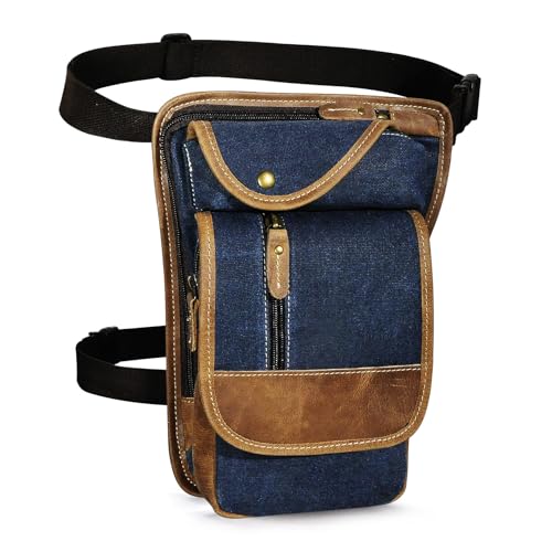 Herren Canvas + Leder Motorrad Reiten Tasche Beinbeutel Beintasche Außenbeintasche Hüfttasche Drop Leg Tasche FB913-5 (Y-3112-blau) von Handadsume