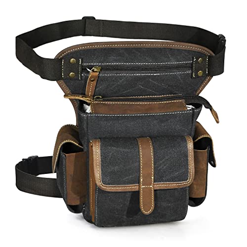 Herren Canvas + Leder Motorrad Reiten Tasche Beinbeutel Beintasche Außenbeintasche Hüfttasche Drop Leg Tasche FB913-5 (Schwarz) von Handadsume