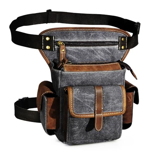 Herren Canvas + Leder Motorrad Reiten Tasche Beinbeutel Beintasche Außenbeintasche Hüfttasche Drop Leg Tasche FB913-5 (Grau) von Handadsume