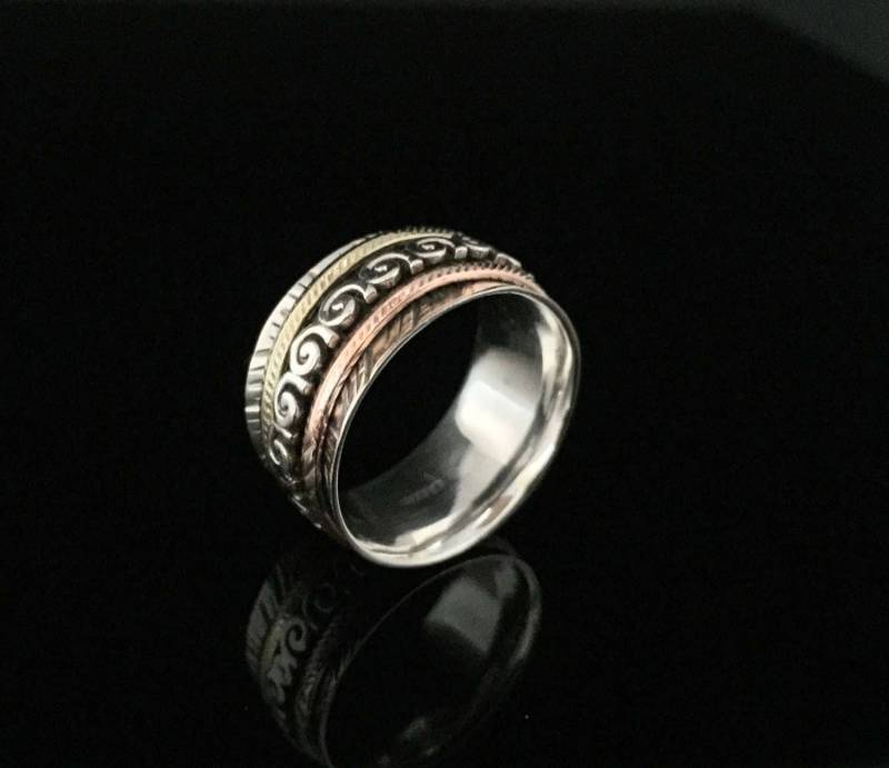 3 Tone Swirl Spinner Ring // 925 Sterling Silber Mit Bronze Und Kupfer Spinning von HandandMindSilver