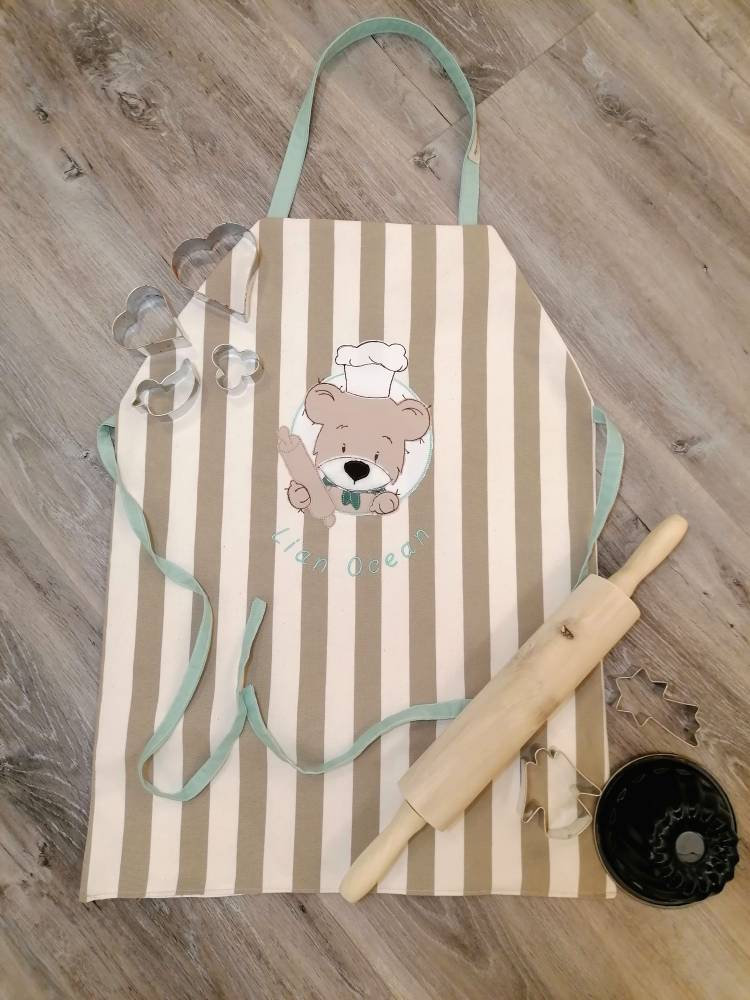 Kinderschürze, Kochschürze, Backschürze, Backbär Unisex Mädchen, Junge, Rosa, Türkis von Handandlovemade