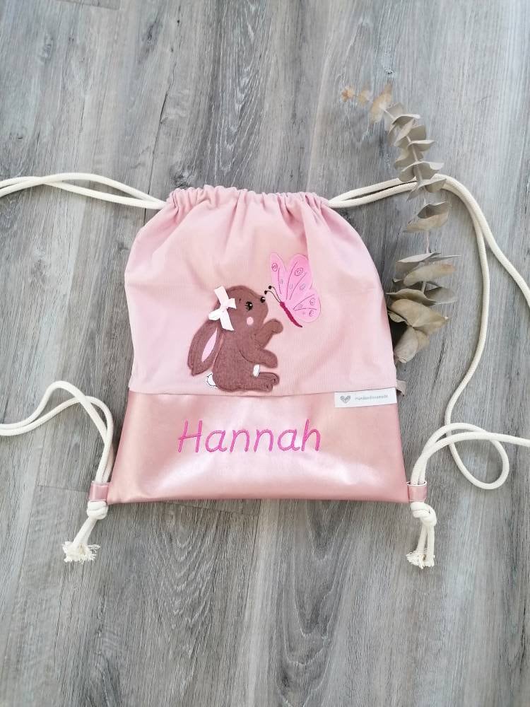 Kinderturnbeutel, Turnbeutel, Personalisiert, Hase Schmetterling, Mädchen von Handandlovemade