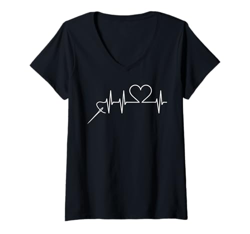 Damen Nähen Heartbeat Outfit Herzschlag Schneiderei Nähnadel T-Shirt mit V-Ausschnitt von Handarbeit Sticken Schneiderin Nadel Nähmaschine